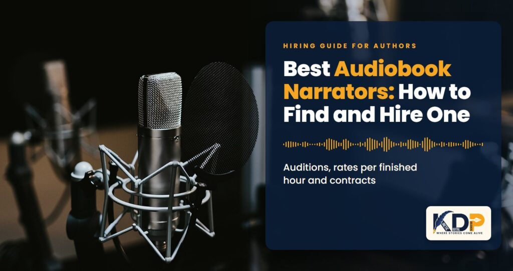 A studio microphone with a pop filter beside the headline Best Audiobook Narrators: How to Find and Hire One and the line Auditions, rates per finished hour and contracts - Kinetic Digital Publishers
